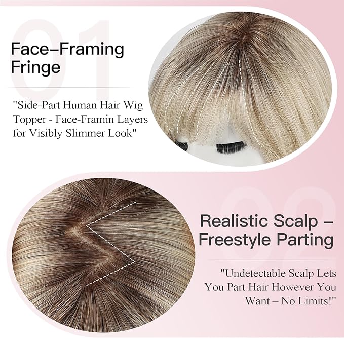 EMMOR Human Hair Toppers for Women Short Bob Real Hair with Bangs 10" Side Part Hairpieces for Women with Thin Hair 6.5" × 6.5" Larger Base Human Wig Toppers(Ombre Gray Blonde)