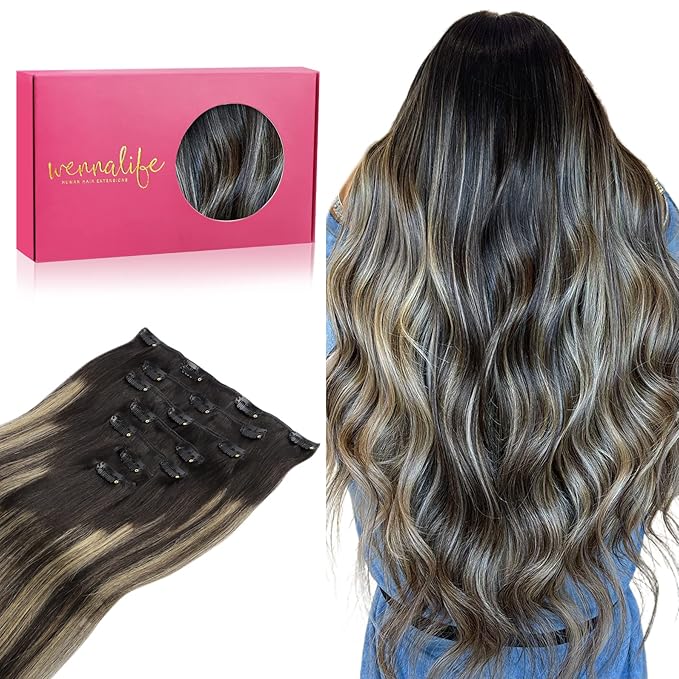 WENNALIFE Clip in Human Hair Extensions, 24 Inch 120g 7pcs Balayage Natural Black to Light Blonde Hair Extensions Real Human Hair Remy Double Weft