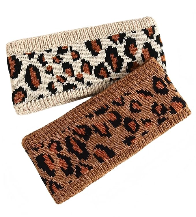 Women Leopard Knit Headband,Warm Sports Headscarf,Soft Stretchy Wide Hair Band,Fashion Accessories for Daily Wear,2PCS Sets