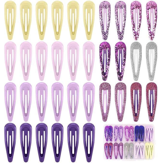Lavender Purple Snap Hair Clips by FLAREANN – 36 PCS 2 Inch Non-Slip Metal Barrettes for Girls & Women in Glitter, Shimmer & Glossy Finishes – Cute Purple Hair Accessories for Parties & Outings