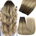 YoungSee Human Hair Weft Extensions Walnut Brown Ombre Light Brown with Blonde Sew in Hair Extensions Balayage Hair Extensions Weft for Natural Look 18Inch 100G