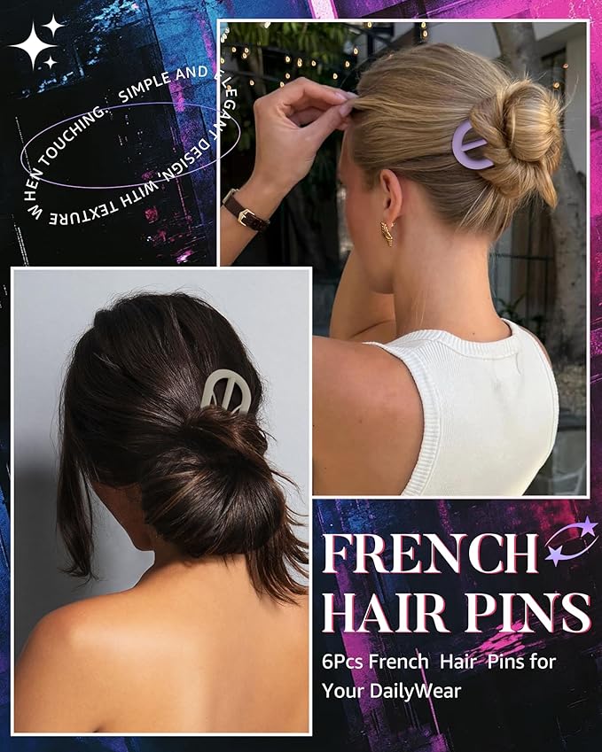 French Hair Pin for Women - U-Shaped Hair Fork for Updos, Chignons & French Twists, Durable Acrylic, Secure & Elegant Styling for All Hair Types (Dark 6 Colors (Matte))