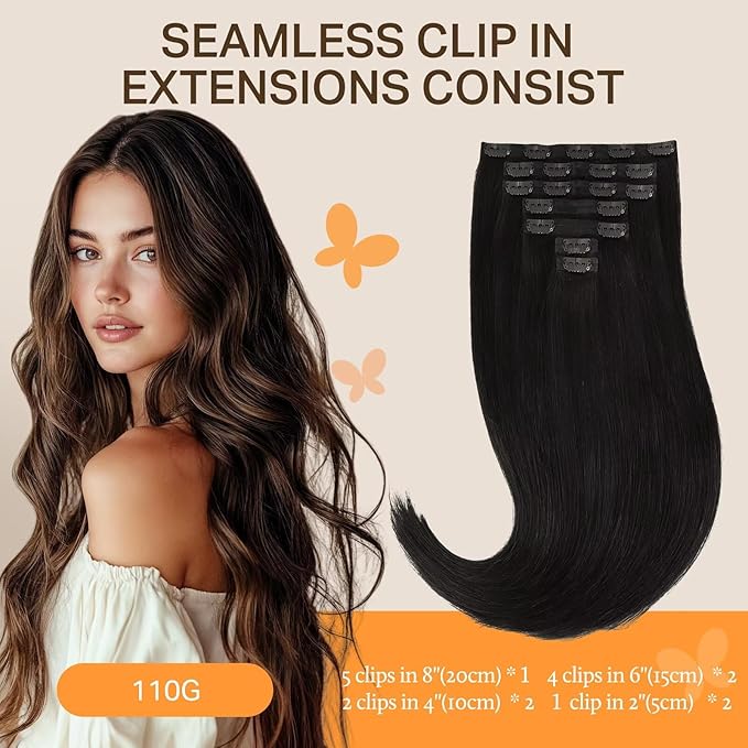 DOORES Real Human Hair Extensions, Natural Black 16 Inch 7 pcs 110g, Seamless Clip in Hair Extensions with Straight Invisi Edge