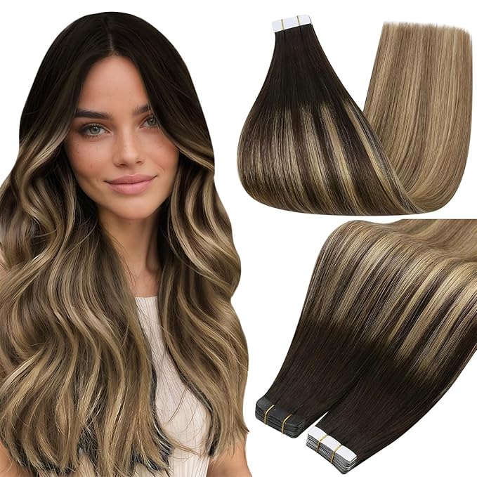 Full Shine Human Hair Tape in Extensions Color 2/8/27 Balayage Tape in Hair Extensions Real Human Hair 12 Inch Hair Extensions Human Hair 30Gram Double Sided Tapes Extensions 20Pcs for Wedding
