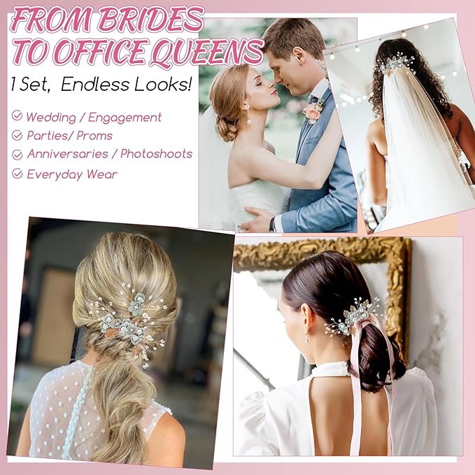 Wedding Flower Hair Accessories for Women: 4pcs Leaf and Flower Hair Combs for Women Accessories - Crystal Pearl Wedding Flower Clips Headpiece for Brides Bridesmaids Girls Updo (Green)