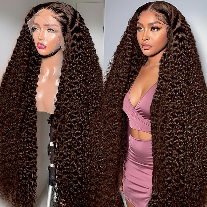 30 Inch Chocolate Brown Deep Wave Lace Front Wigs Human Hair 210 Density 13x6 HD Lace Frontal Wigs Human Hair Pre Plucked Brown Curly Glueless Wigs Human Hair for Women
