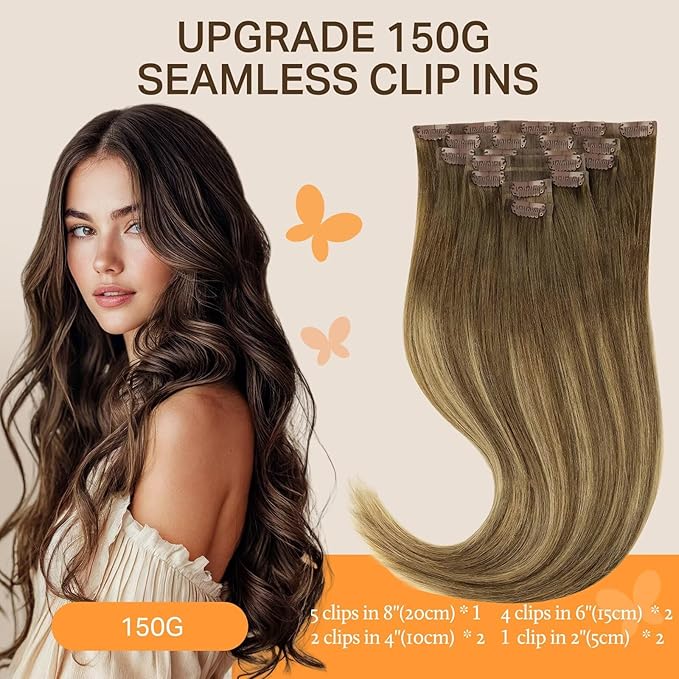 DOORES Seamless Clip in Hair Extensions, Medium Brown Highlighted Dirty Blonde 16 Inch 130g 7pcs, Human Hair Extensions Invisible PU Weft Remy Hair Natural Hair Straight Invisi Edge Hair Extensions