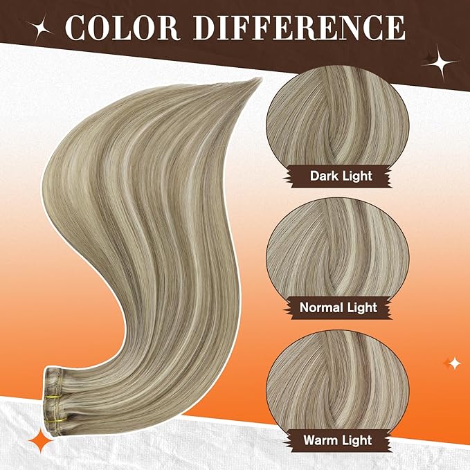 Full Shine Real Hair Extensions Clip in Human Hair Double Weft Blonde Human Hair Extensions Brown with Blonde Highlights Clip in Human Hair Remy Straight Hair 14 Inch 3 PCS 60 Grams