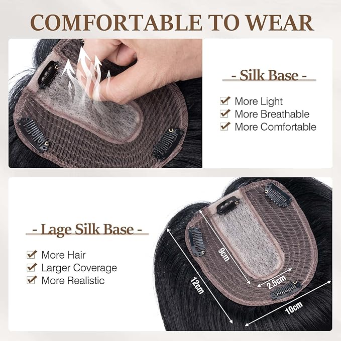 Rich Choices Hair Toppers for Women Real Human Hair 100% Human Remy Toppers NO Bangs for Women with Thinning on Top Clip in Hairpiece 4"x4.7"Lace Base 16 Inch #1 Jet Black