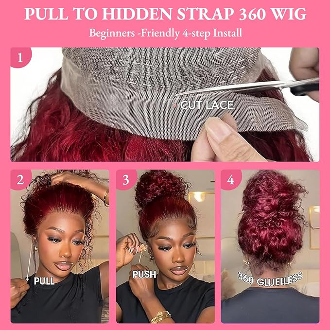 250 Density Hidden Strap Water Wave 360 99j Burgundy Glueless Wigs Human Hair Pre Plucked Pre Bleached Human Hair Wig With Drawstring Wet and Wavy HD Full Lace Front Wigs Human Hair 26 Inch