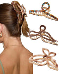 HAIMEIKANG 3 PCs Metal Acrylic Hair Bow Claw Clips - Strong Hold Non-Slip Large Gold Clips for Thick Hair