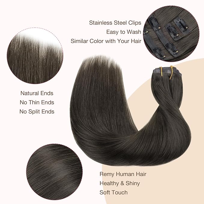 GOO GOO Clip in Hair Extensions Real Human Hair, Remy Human Hair Extensions Clip ins for Women, Natural Human Hair, 18inch 110g 7Pcs, 1C Mocha Brown