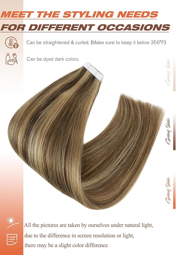 Sunny Hair Tape in Hair Extensions Human Hair 18 Inch Hair Extensions Real Human Hair Tape in Extensions for Women Medium Brown Highlights Caramel Blonde Remy Hair Straight Skin Weft 40pcs 100g