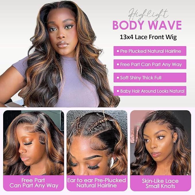 32 Inch Highlight Ombre Lace Front Wig Human Hair Body Wave Lace Front Wigs Human Hair 13x4 Pre Plucked 1B/30 Black with Brown Highlight Wig 200% Density Colored Glueless Wigs for Women