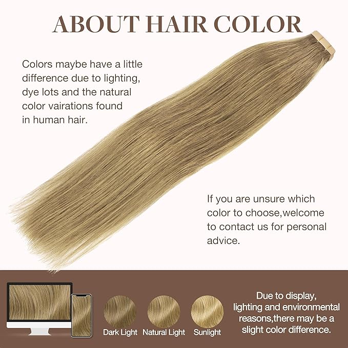 GOO GOO Tape in Hair Extensions Human Hair, 7 Bronde, 18inch 50g 20pcs, Skin Weft Seamless Invisible, Silky Straight with Thick Ends, Remy Human Hair
