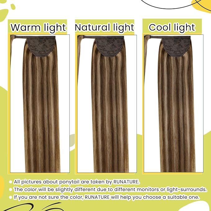 RUNATURE Ponytail Extension Human Hair, Real Hair Ponytail Extension Remy, Human Hair Ponytail Wrap Around, Remy Natural Hair Tangle Free, 18 Inch 80g #3P12 Walnut Brown Highlight Honey Blonde