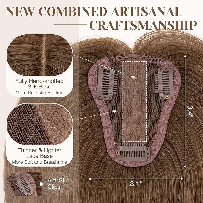 S-noilite Hair Toppers for Women Real Human Hair 3D 360° Cover Clip in 100% Real Human Hair Toppers 3″*4″ Clip in Silk Base 10 inch Meduim Brown