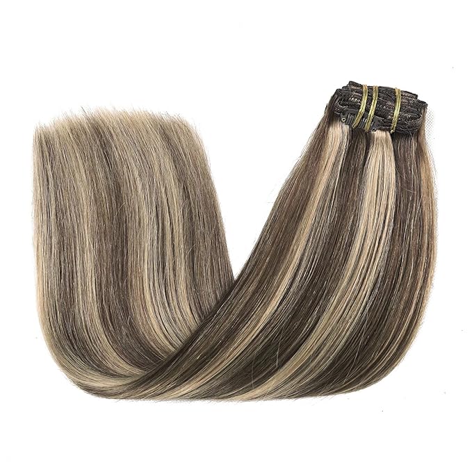 XDhair Hair Extensions Clip in Human Hair,7pcs Chocolate Brown to Caramel Blond Clip in Hair Extensions for Women 16 Inch 140g #4p27
