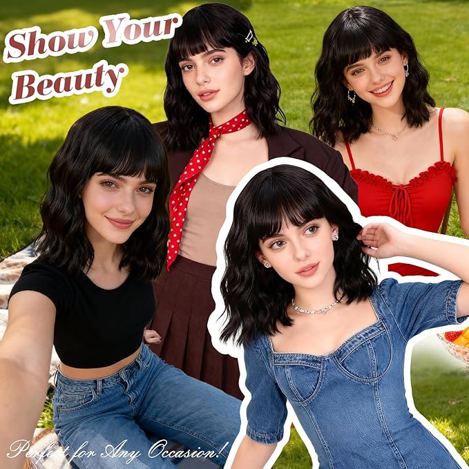Dark Brown Bob Wig With Bangs Wave Wigs for Women 14 Inch Short Loose Wavy Heat Resistant Synthetic Wig Shoulder Length Hair for Daily and Cospaly Party Use