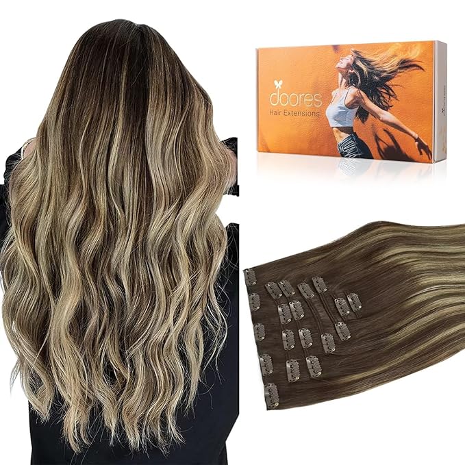 DOORES Clip in Hair Extensions human Hair Balayage Chocolate Brown to Honey Blonde 18 Inch 7pcs 120g Remy Hair Extensions Clip in Straight Natural Hair Extensions Clip in Real Extensions