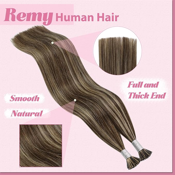 YoungSee Itip Human Hair Extensions Brown I Tip Hair Extensions Human Hair Highlight Dark Brown with Caramel Blonde Tip Hair Extension Human Hair Short 14In 80s 50g