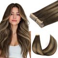 GOO GOO Tape in Hair Extensions Human Hair, 4/27/4 Balayage Chocolate Brown to Caramel Blonde, 24inch 100g 40pcs, Skin Weft Seamless Invisible, Silky Straight with Thick Ends, Remy Human Hair