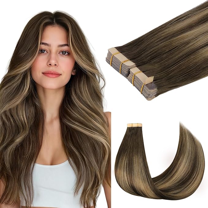 GOO GOO Tape in Hair Extensions Human Hair, 4/27/4 Balayage Chocolate Brown to Caramel Blonde, 18inch 100g 40pcs, Skin Weft Seamless Invisible, Silky Straight with Thick Ends, Remy Human Hair