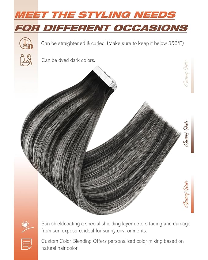 Sunny Hair Tape in Hair Extensions Real Human Hair Invisible Remy Hair Extensions Tape ins for Women Natural Black Roots to Silver Grey Balayage 18 inch 20Pcs 50G