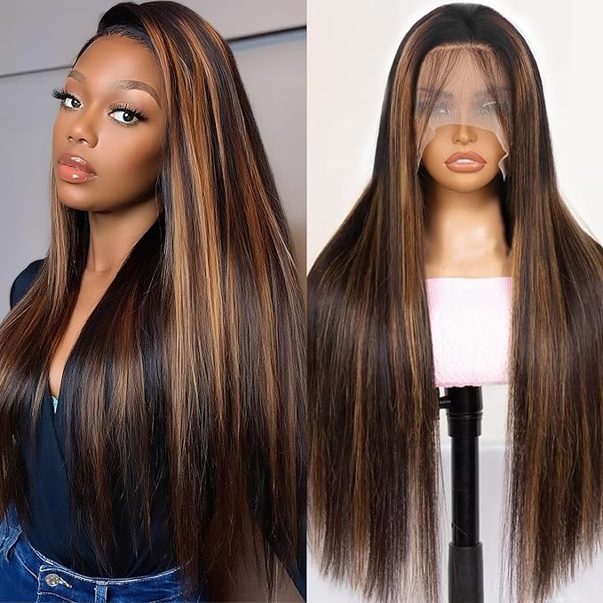 Highlight Wig Human Hair Straight Lace Front Wigs Human Hair Pre Plucked 13x4 Ombre Lace Front Wig Human Hair for Women 1B/30 Black with Brown Balayage Glueless Wigs Human Hair 200% Density 22 Inch