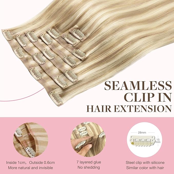 GOO GOO Clip in Hair Extensions Real Human Hair, Remy Human Hair Extensions Clip ins for Women, Natural Human Hair, 14inch 110g 7Pcs, 18A/613A Dark Blonde Highlighted Bleach Blonde