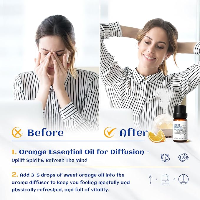 HIQILI Sweet Orange Essential Oil,100% Pure Natural for Diffuser, Aromatherapy-10ml