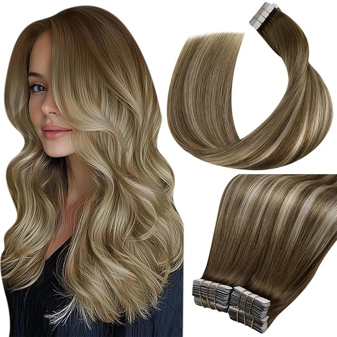 LaaVoo Human Hair Tape in Extensions Brown Balayage Tape in Hair Extensions Human Hair Balayage Brown to Light Brown Mixed Blonde 14 Inch 40pcs 100g