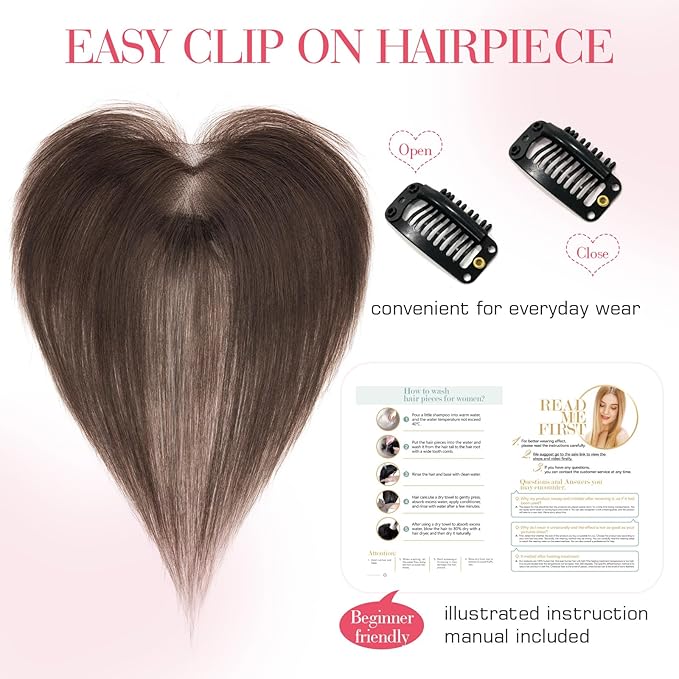 Hairro Human Hair Toppers For Women Wispy Thin Short Wiglet Hairpieces Natural No Bang Middle Part Side Bangs Hair Clip 11 Inches 14.5g #02 Dark Brown
