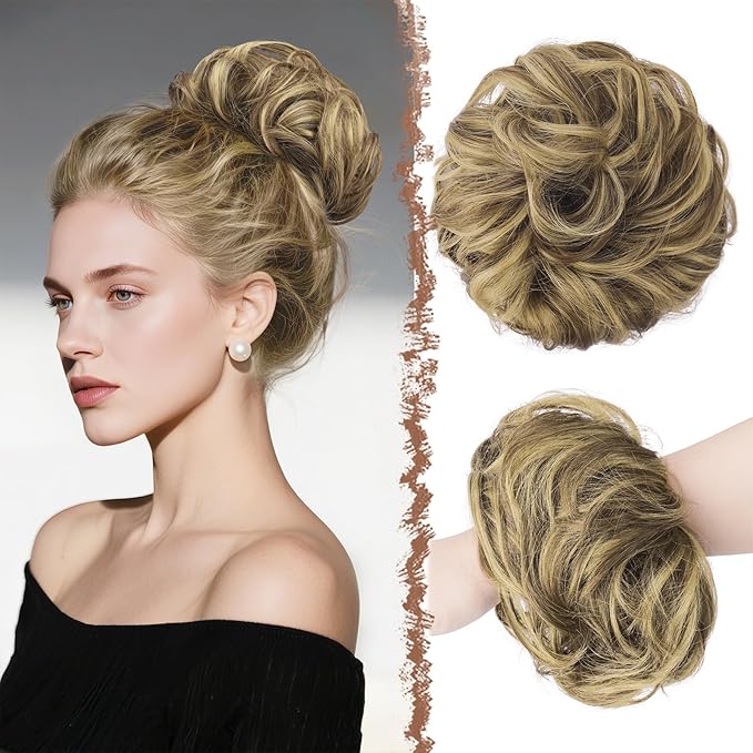 FESHFEN Messy Bun Hair Piece - Large Elastic Wavy Curly Hair Bun Scrunchies Ponytail Extensions Synthetic Chignon Hairpieces for Women, Ash Brown & Blonde 1.94oz