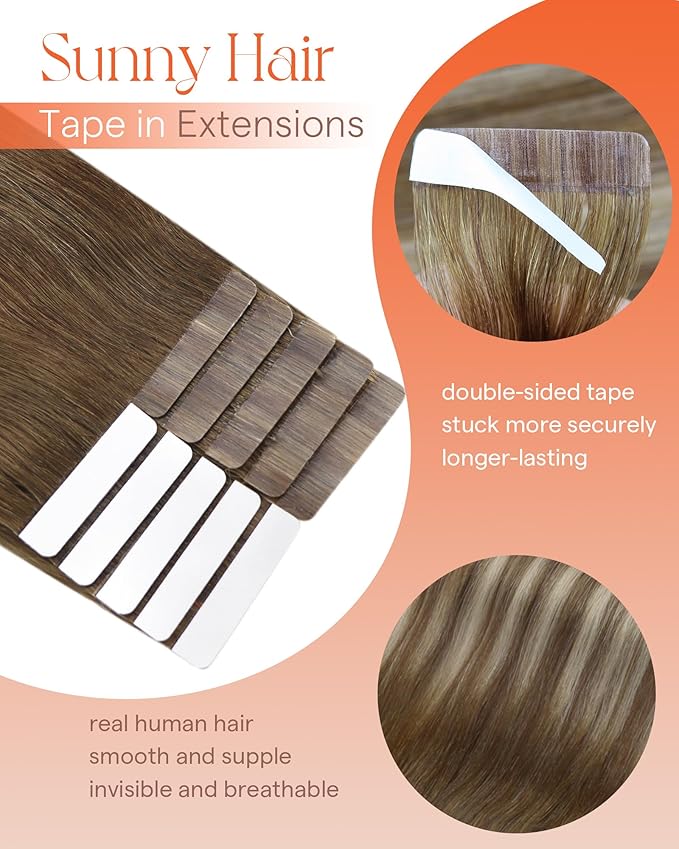 Sunny Hair Tape in Hair Extensions Real Human Hair Invisible Remy Hair Extensions Tape ins for Women Medium Brown Ombre PLatinum Blonde Balayage 24 inch 25G