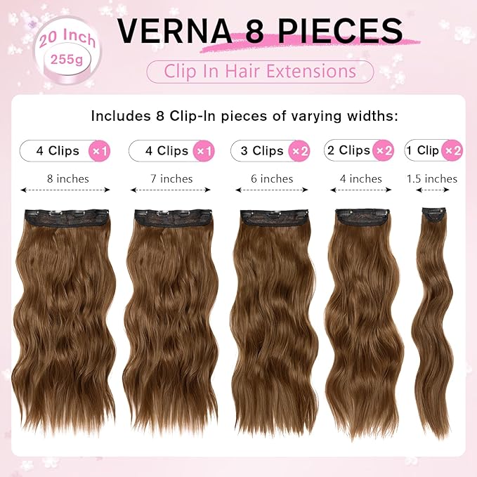Clip in Hair Extensions for Women, 20 Inch Medium Brown Hair Extensions Clip Ins Wavy Curly, 8PCS Synthetic Clip in Extensions for Women, Invisible Lace Weft Hair Extension