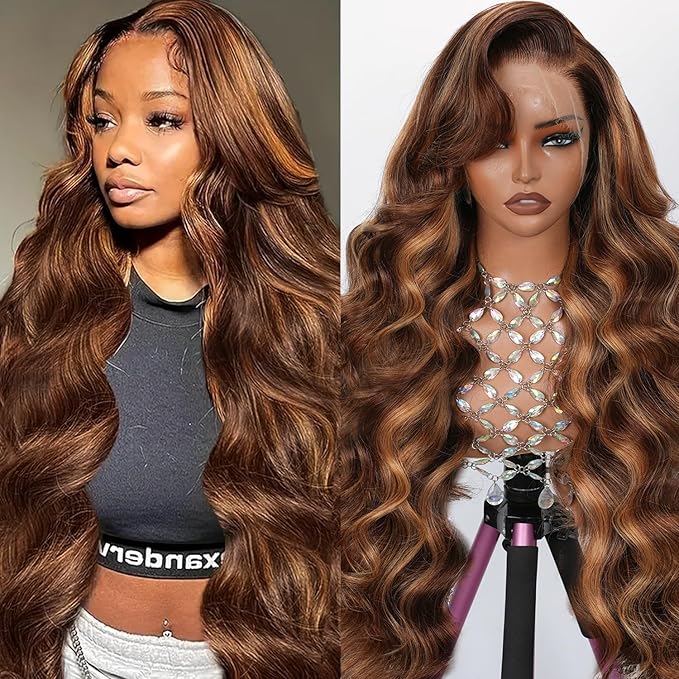 Honey Blonde Body Wave Lace Front Wig Human Hair 13x4 Full Frontal Lace Wig Skinlike HD Lace 0.10mm Ultra-Thin Invisible 4/27 Highlight Ombre Blonde 200% Density Pre plucked Bleached Knots 32 inch