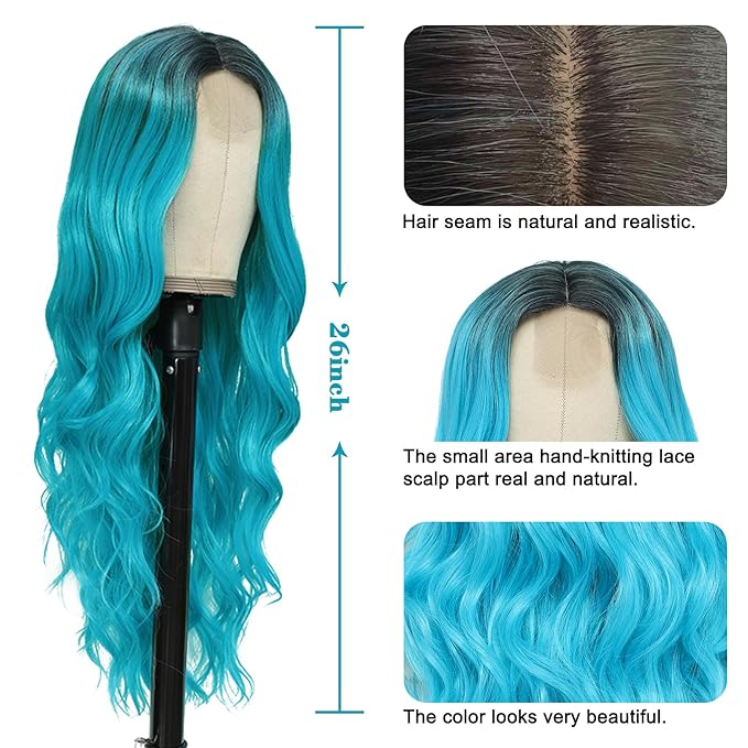 NAYOO Long Ombre Bluish Green Wavy Wig for Women 26 Inch Middle Part Curly Wavy Wig Natural Looking Synthetic Heat Resistant Fiber for Daily Party Use (Ombre Bluish Green)