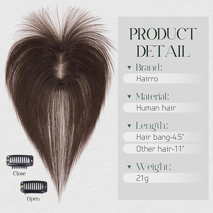 Hairro Real Hair Toppers For Women With Thinning Hair Human Hair Clip In Topper 3D Bangs Hair Clip Handmade Short Toupee Hairpiece With Air Bangs French Bang 11 Inches 21g #02 Dark Brown