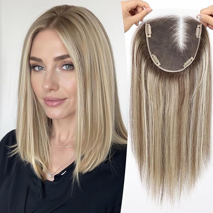 Full Hand Tied Hair Toppers for Women Remy Human Hair Lace Front Topper 14 Inch 6"×6" Partial wig Cover Thinning Hair or Loss No Bangs Top Hair Pieces (Ombre Brown Mix Platinum)
