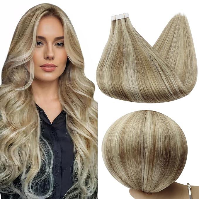 Full Shine Seamless Tape in Hair Extensions Human Hair 12Inch Color Golden Blonde Highlight Medium Blonde Tape in Extesnions Double Sided Straight Human Hair Extensions 30G 20Pcs Wedding