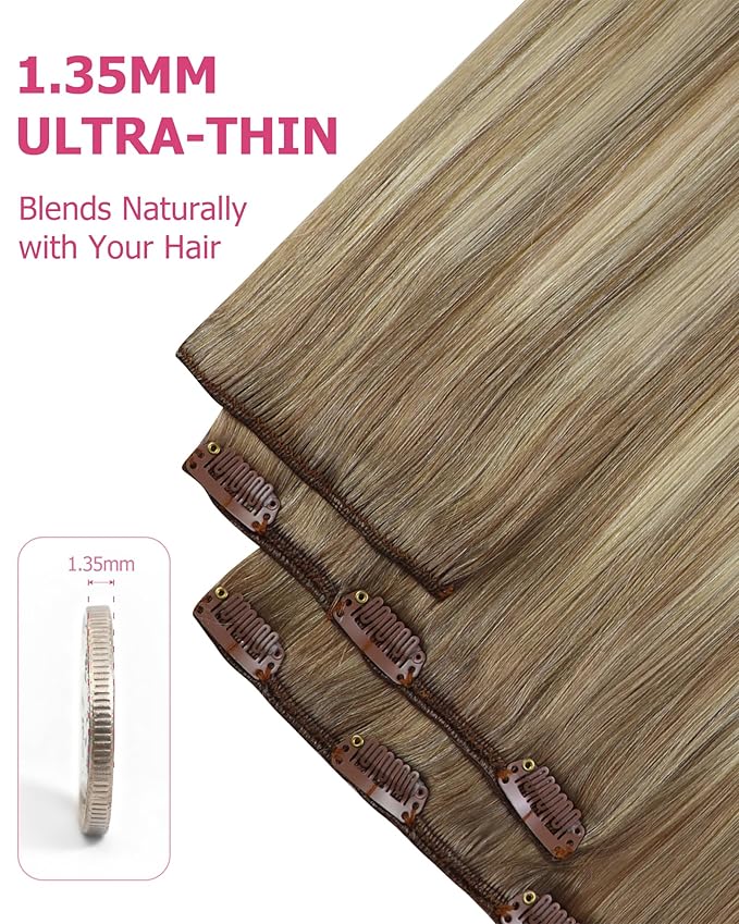 YoungSee 135g Real Hair Extensions Clip in Human Hair Light Brown Clip in Hair Extensions Balayage Clip in Extensions Real Human Hair Light Brown Mix Blonde Thick Remy Hair 16 inch 7pcs