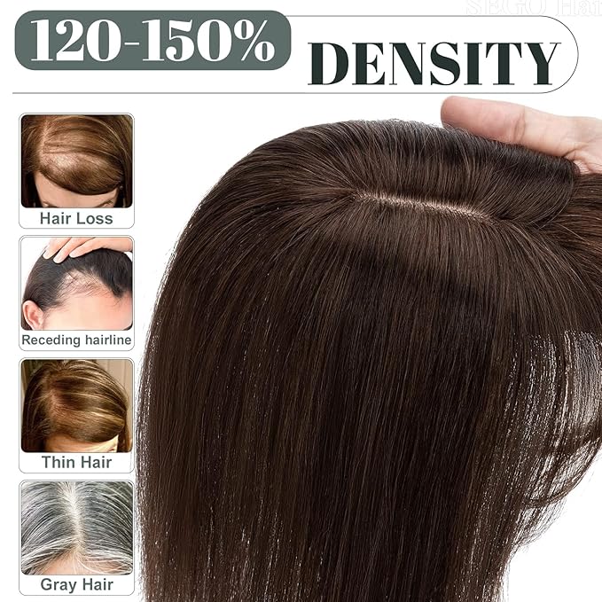 SEGO Human Hair Toppers for Women with Thinning Hair, Toppers Hair Pieces Clip in Toppers Straight Hair Pieces with Front Bangs 150% Density Silk Base -14 Inch #2 Dark Brown