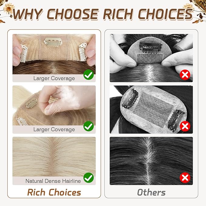 Rich Choices Real Human Hair Topper for Women With Bang - 100% Remy Hair for Thinning Hair, Clip in Silk Base, 12 Inch #60 Platinum Blonde