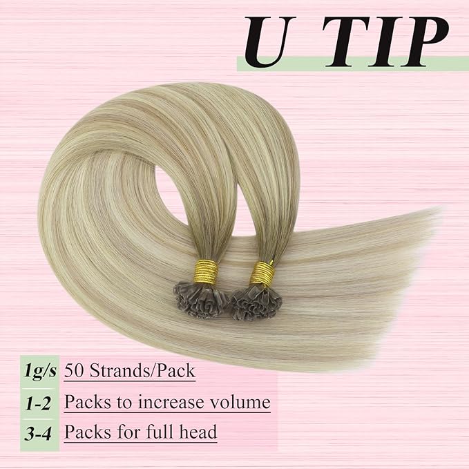 YoungSee Utip Balayage Hair Extensions Real Human Hair Balayage Ash Blonde Ombre Platinum Ombre U Tip Hair Extensions Hot Fusion 18In 1G/S 50G