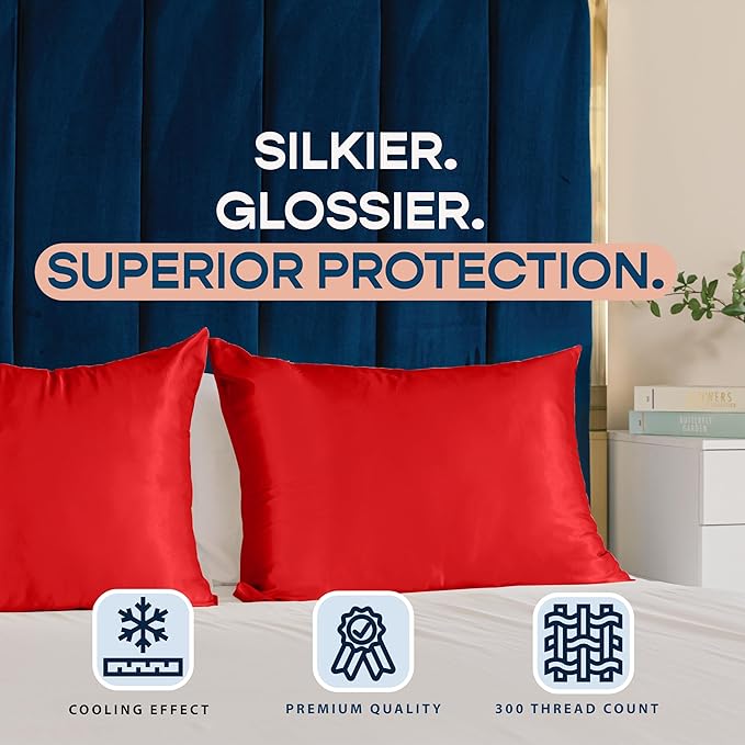 BLISSFORD Satin Pillowcase with Zipper, for Hair and Skin Care, Feels Soft and Cool Like a Silk Pillowcase, Red Satin Pillow Cases Set of 2, Slik Pillow Cover, Standard Size - 2 Pack