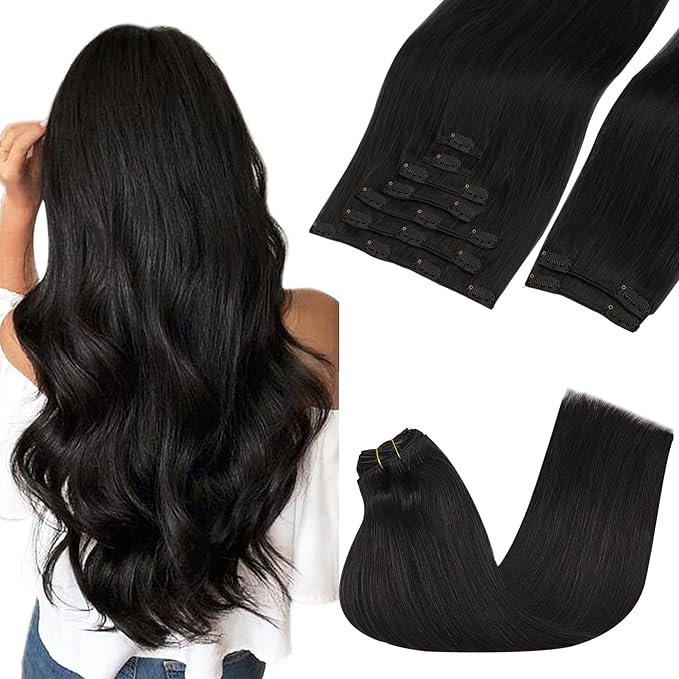 GOO GOO Clip in Hair Extensions Real Human Hair, Remy Human Hair Extensions Clip ins for Women, Natural Human Hair, 22inch 150g 9Pcs, 1B Natural black