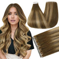 Full Shine Brown And Blonde Injection Tape in Hair Extensions Human Hair Color 4/24/4 Double Sided Remy Tape in Extensions 18Inch 50G 20Pcs for Women Daily Office Look Reusable