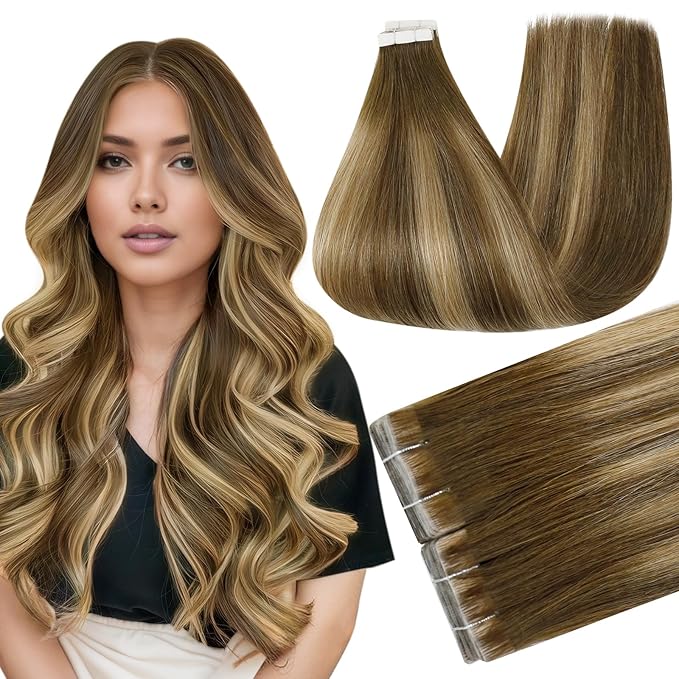 Full Shine Brown And Blonde Injection Tape in Hair Extensions Human Hair Color 4/24/4 Double Sided Remy Tape in Extensions 18Inch 50G 20Pcs for Women Daily Office Look Reusable