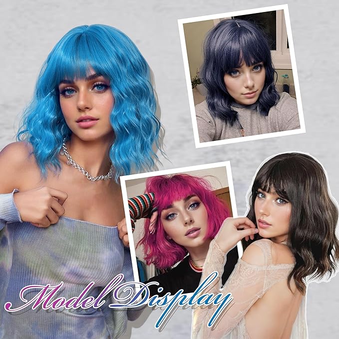 FAELBATY Short Curly Wavy Hot Pink Wigs with Air Bangs Shoulder Length Wig for Women Synthetic Halloween Cosplay Costume for Girl (12" Hot Pink)